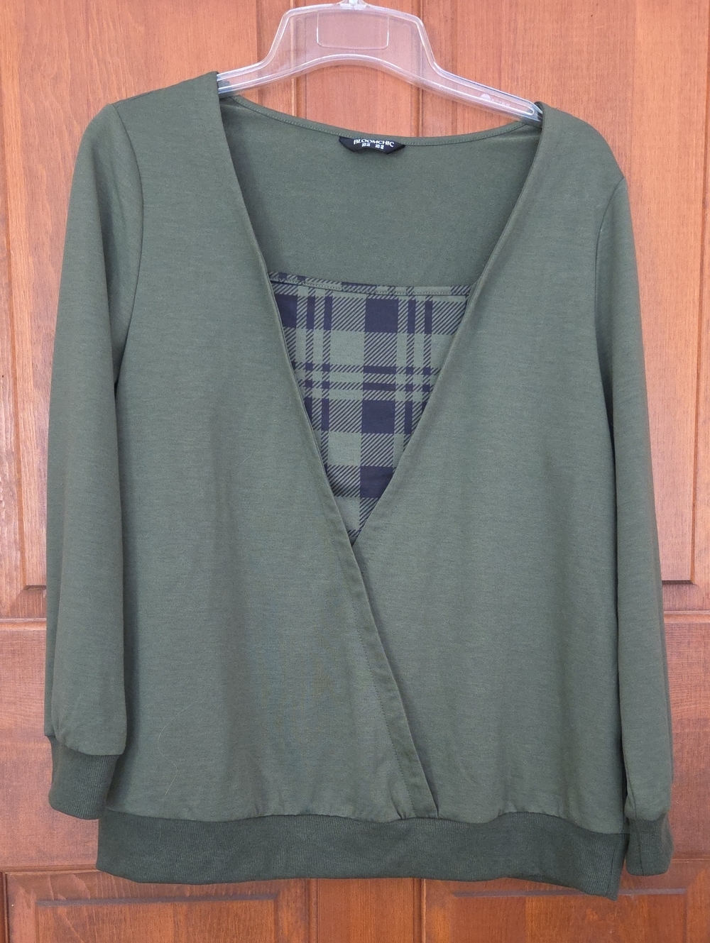BloomChic Olive Green Faux-Wrap Top with Plaid Inset